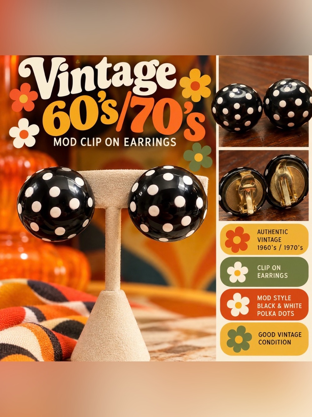 Black and White Polka Dot - enamel Dome Earrings- mushroom top - clip on